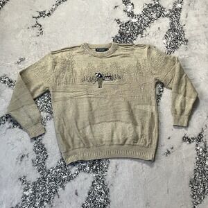 Vintage Carmel Sweater Mens Sz L Beige Knit Embroidered Golfer Scene Textured